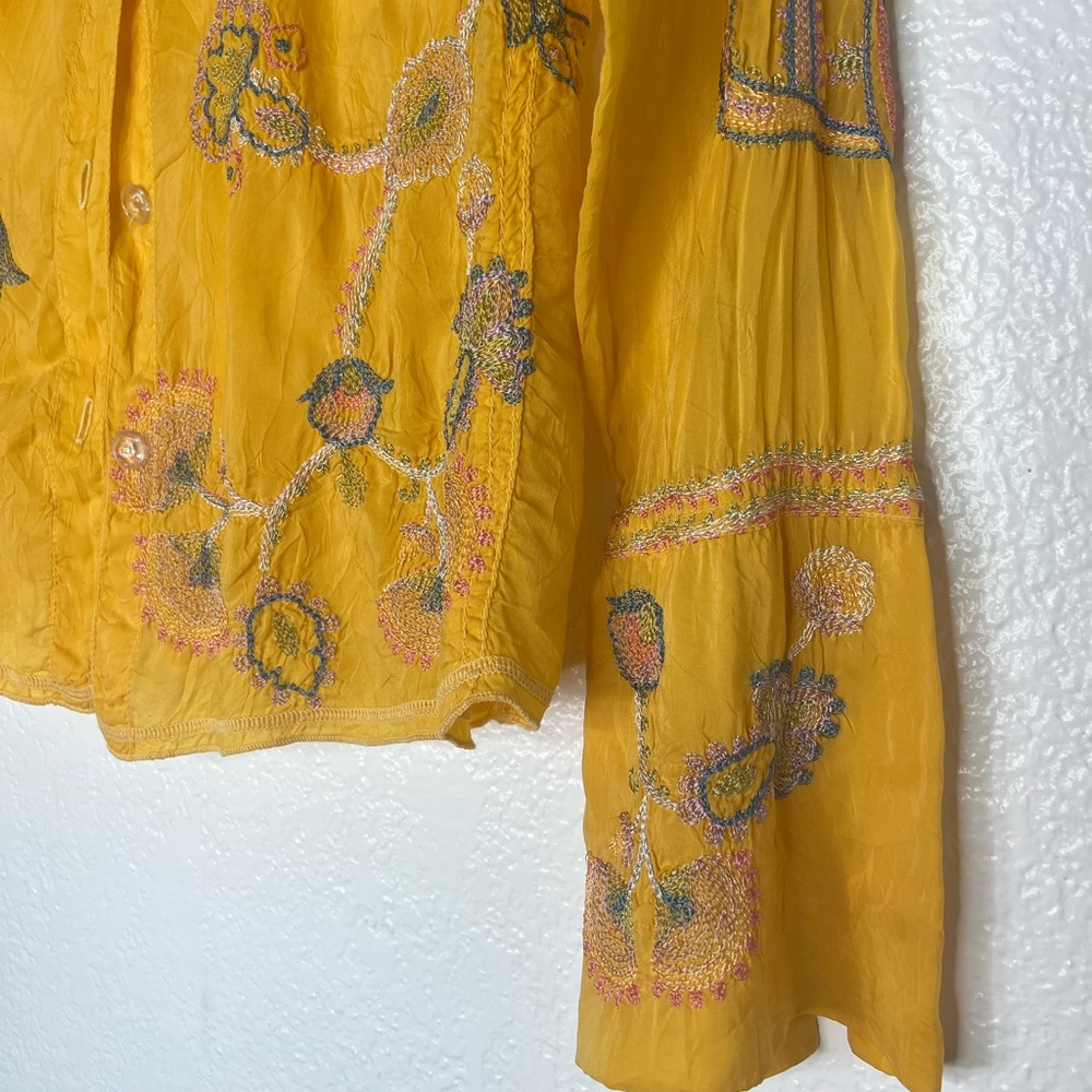 Johnny Was yellow summer floral silk embroidered shirt S - Picture 2 of 9